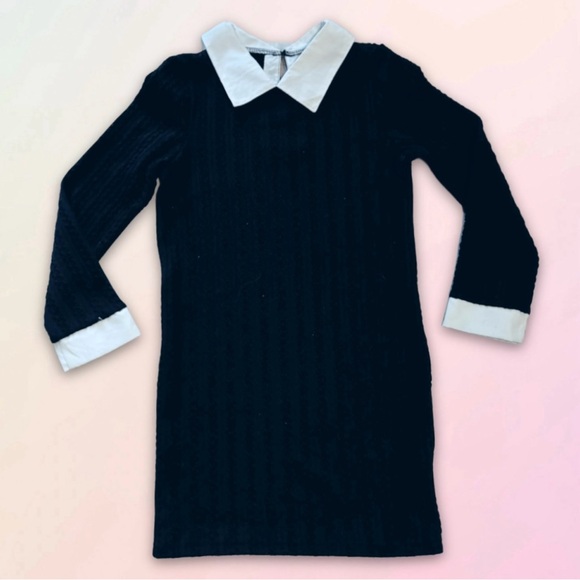 Wednesday Style, Ribbed Black, Long Sleeve Collared Dress - Picture 1 of 16
